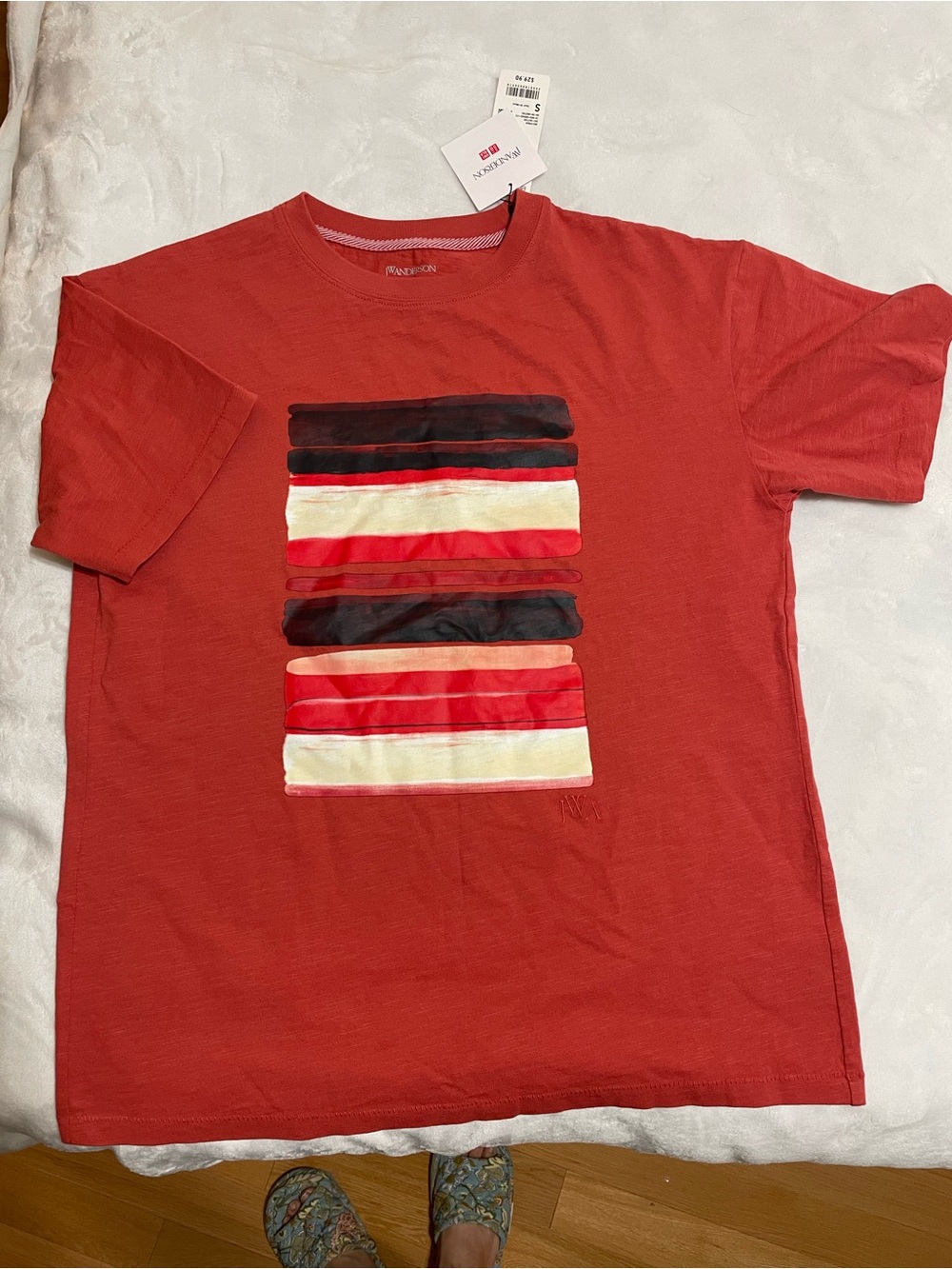JW ANDERSON Red Short-Sleeve Graphic Tee with Multicolor Stripe Panel